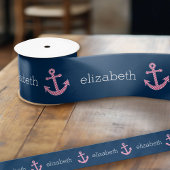 Cute Pink Polka Dot Anchor met Navy Custom Name Satijnen Lint