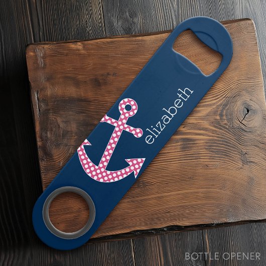 Cute Pink Polka Dot Anchor met Navy Custom Name Speed Flessenopener