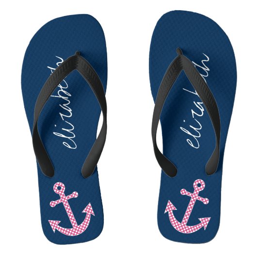 Cute Pink Polka Dot Anchor met Navy Custom Name Teenslippers (Voetbed)
