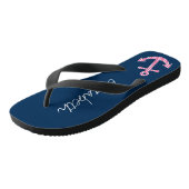 Cute Pink Polka Dot Anchor met Navy Custom Name Teenslippers (Schuin)