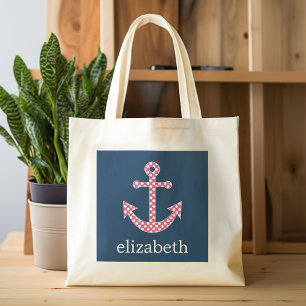 Cute Pink Polka Dot Anchor met Navy Custom Name Tote Bag