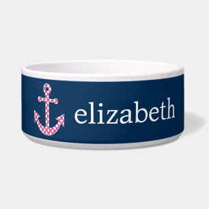 Cute Pink Polka Dot Anchor met Navy Custom Name Voerbakje
