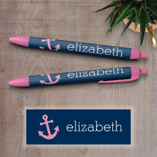 Cute Pink Polka Dot Anchor met Navy Custom Name Zwarte Inkt Pen
