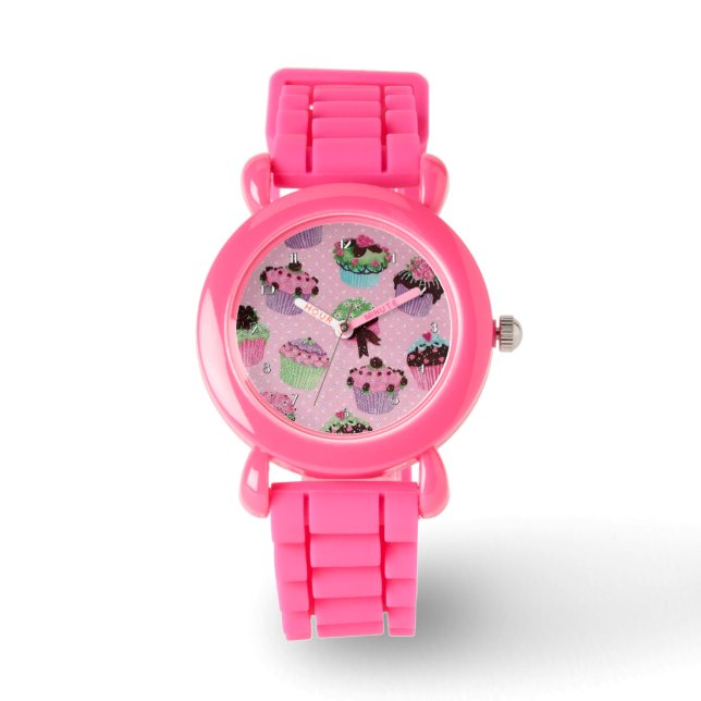 Cute Pink Polka Dot Cupcake Polt Watch Horloge (Voorkant)
