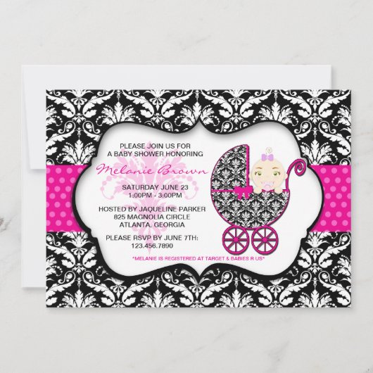 Cute Pink Polka Dot Damask Baby shower Invite Kaart (Voorkant)