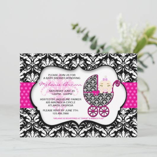 Cute Pink Polka Dot Damask Baby shower Invite Kaart (Staand voorkant)