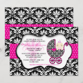 Cute Pink Polka Dot Damask Baby shower Invite Kaart (Voorkant / Achterkant)