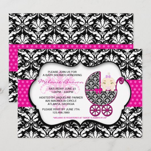 Cute Pink Polka Dot Damask Baby shower Invite Kaart (Voorkant / Achterkant)
