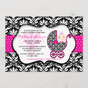 Cute Pink Polka Dot Damask Baby shower Invite Kaart