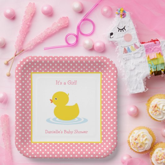 Cute Pink Polka Dot Duck Baby shower Paper Bord (Feest)