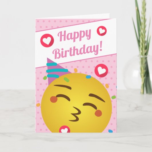 Cute Pink Polka Dot Kiss Emoji Happy Birthday Kaart (Voorkant)