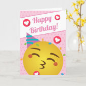 Cute Pink Polka Dot Kiss Emoji Happy Birthday Kaart (Gele Bloem)