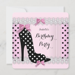 Cute Pink Polka Dots High Hiel Birthday Party Kaart