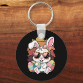 Cute Pink Pset Pattern Pasen Bunny Face Rabbit E Sleutelhanger (Voorkant)