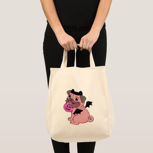 Cute Pink Pug in a Halloween Costume Holding  Tote Bag (Voorkant (product))