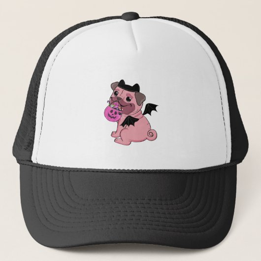 Cute Pink Pug in a Halloween Costume Holding  Trucker Pet (Voorkant)