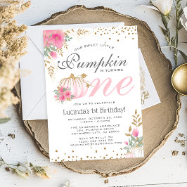 Cute Pink Pumpkin Floral 1ste verjaardag Uitnodigi Kaart