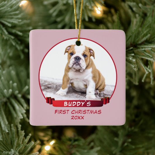 Cute Pink Puppy 1e kerstfoto Foto Keramisch Ornament (Boom)