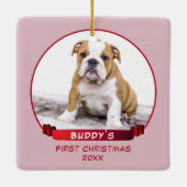 Cute Pink Puppy 1e kerstfoto Foto Keramisch Ornament (Achterkant)