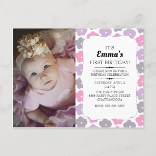 Cute Pink Purple Flowers Little Girl 1st Birthday Briefkaart