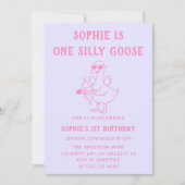Cute Pink & Purple Silly Goose 1st Birthday Kaart (Voorkant)