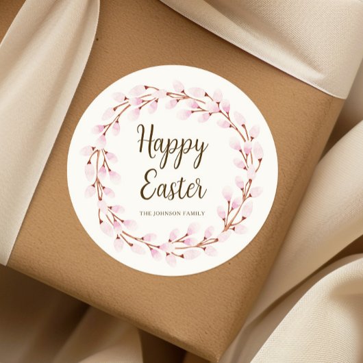 Cute Pink Pussy Willow Happy Pasen Ronde Sticker