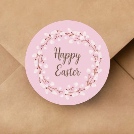 Cute Pink Pussy Willow Happy Pasen Ronde Sticker