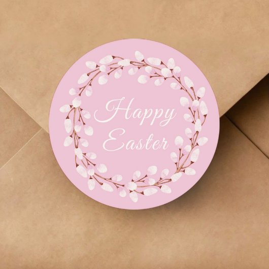 Cute Pink Pussy Willow Happy Pasen Ronde Sticker