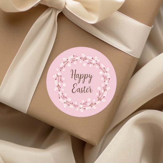 Cute Pink Pussy Willow Happy Pasen Ronde Sticker