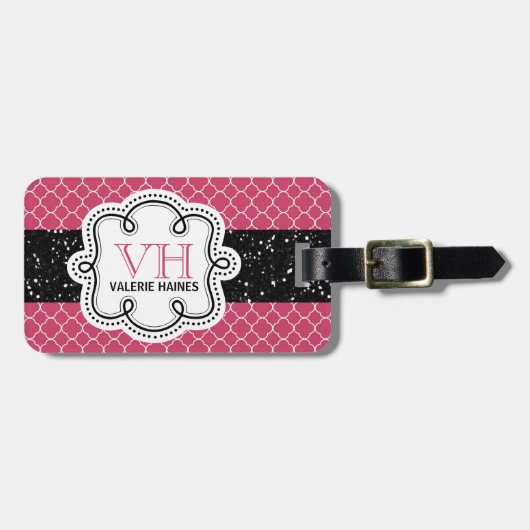 Cute Pink Quatrefoil en Faux Glitter Bagagelabel (Voorkant horizontaal)