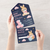 Cute Pink Queen Bunny Girl Navy Blue Baby shower All In One Uitnodiging (Afscheurbaar)