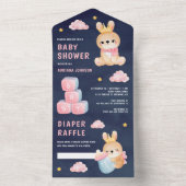 Cute Pink Queen Bunny Girl Navy Blue Baby shower All In One Uitnodiging (Binnen)