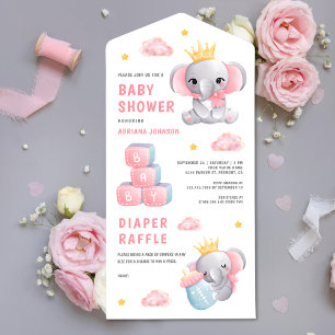 Cute Pink Queen Elephant Girl Baby shower All In One Uitnodiging