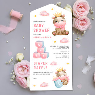Cute Pink Queen Koe Girl Baby shower All In One Uitnodiging