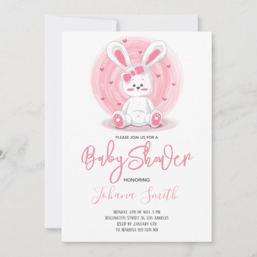 Cute Pink Rabbit Baby shower Invitation Kaart (Voorkant)
