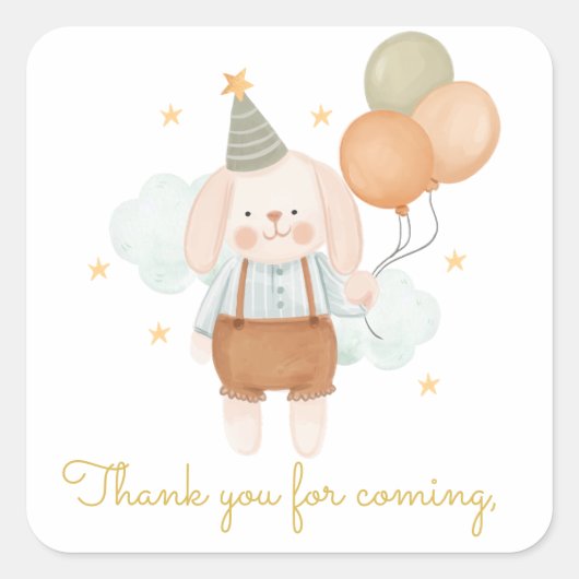 Cute Pink Rabbit & Baloons Birthday Vierkante Sticker (Voorkant)
