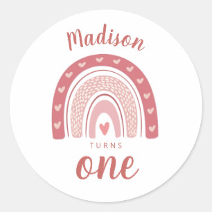 Cute Pink Rainbow Boho First Birthday Ronde Sticker