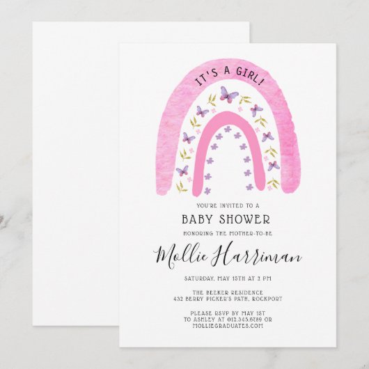 Cute Pink Rainbow Butterfly Boho Baby shower Kaart (Voorkant / Achterkant)