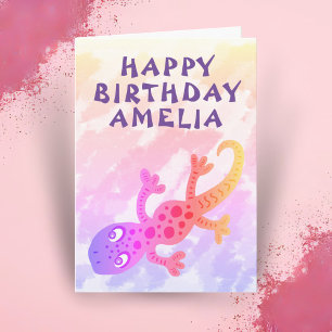 Cute Pink Rainbow Lizard Gecko Happy Birthday Card Kaart