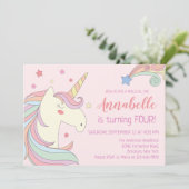 Cute Pink Rainbow Stars Unicorn Birthday Party Kaart (Staand voorkant)