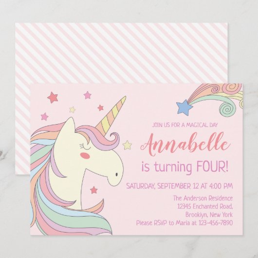 Cute Pink Rainbow Stars Unicorn Birthday Party Kaart (Voorkant / Achterkant)