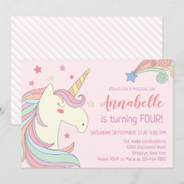 Cute Pink Rainbow Stars Unicorn Birthday Party Kaart