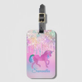 Cute Pink Rainbow unicorn Glitter Drift monogram Bagagelabel (Voorkant (verticaal))