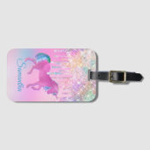 Cute Pink Rainbow unicorn Glitter Drift monogram Bagagelabel (Voorkant (horizontaal))