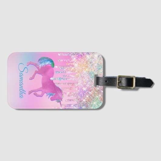 Cute Pink Rainbow unicorn Glitter Drift monogram Bagagelabel (Voorkant (horizontaal))