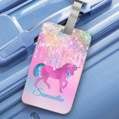 Cute Pink Rainbow unicorn Glitter Drift monogram Bagagelabel