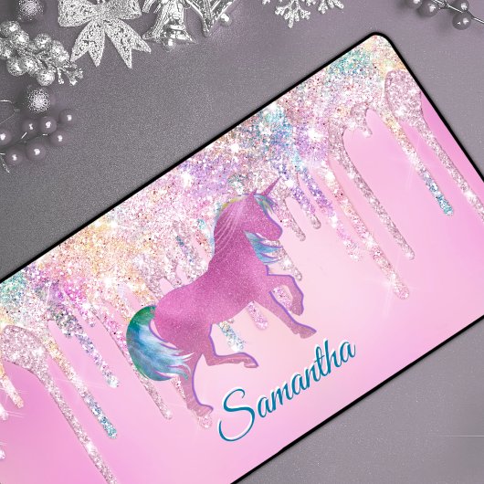 Cute Pink Rainbow unicorn Glitter Drift monogram Bureaumat