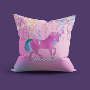 Cute Pink Rainbow unicorn Glitter Drift monogram Kussen
