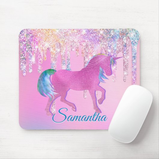 Cute Pink Rainbow unicorn Glitter Drift monogram Muismat (Met muis)
