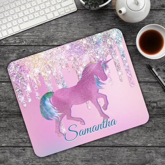 Cute Pink Rainbow unicorn Glitter Drift monogram Muismat